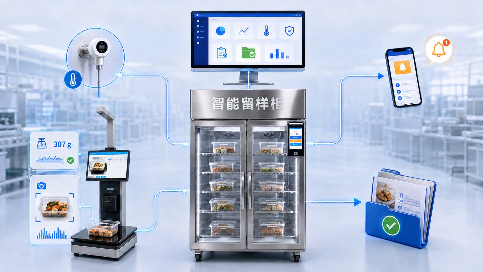 智能食品留样管理系统 — 柜秤双向联动，防止流程绕行示意图